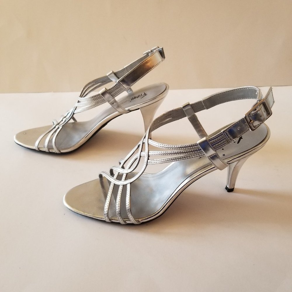 Fioni Night Silver Open-Toe Slingback Sandals, Heels  (size 8.5)